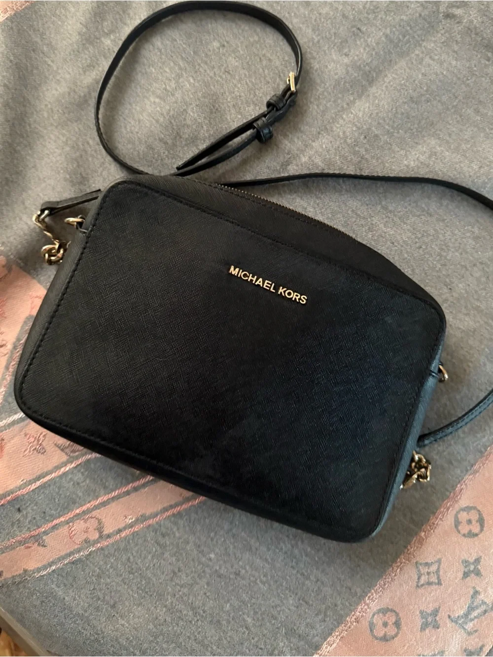 Michael Kors Black Leather Crossbody Camera Bag with Gold Hardware